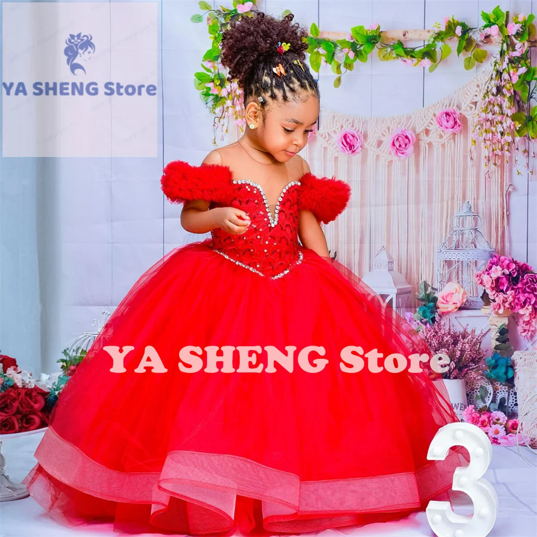 Cute Red Kids Birthday Dresses Flower Girl Dresses Sheer Neck Pleated Ruffles Tiered Tulle Ball Gowns for little Girls for Weddi