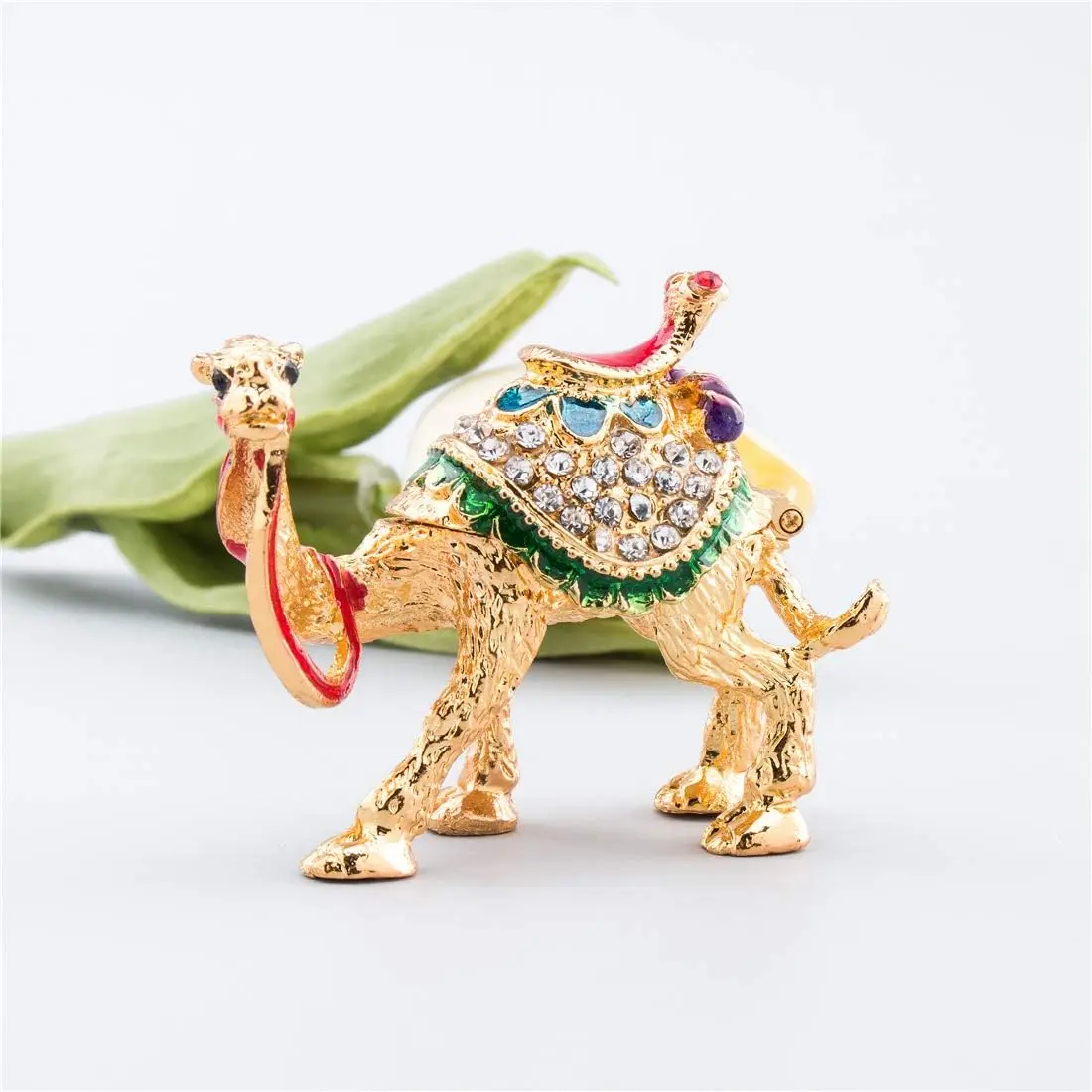 H&D  Crystal Camel Figurines Decor Ornament,Golden Enamel Camel Statues Animal Trinket Jewelry Box Hinged