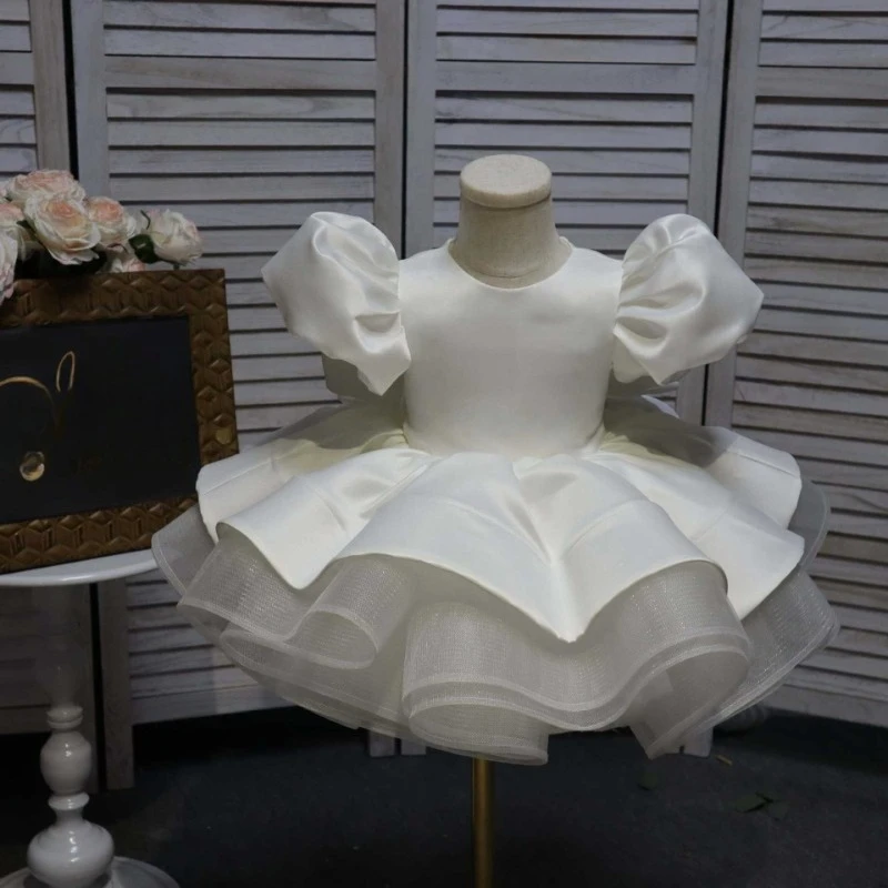 White Girls Bow Puff Sleeve Princess Dress Children Flower Girl Piano Recital Host Performance Outfit Pageant Formal Party Gown