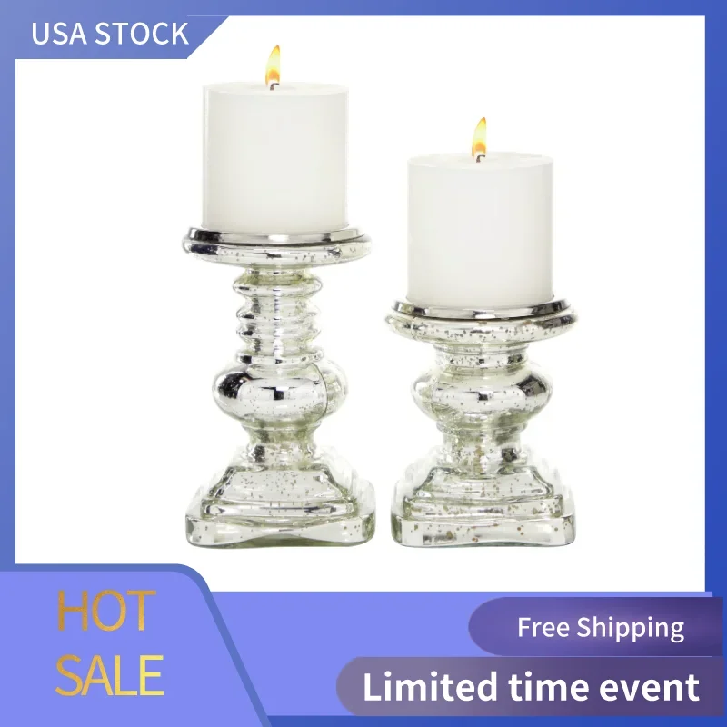 

2 Candle Silver Glass Handmade Turned Style Pillar Candle Holder, Set of 2