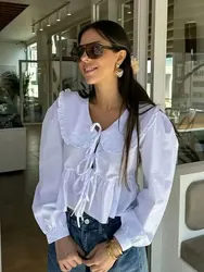 HH Women Sweet Solid Shirt Front Bow Lace Up Long Sleeve Blouses Elegant White Top For Woman Summer Casual Shirts