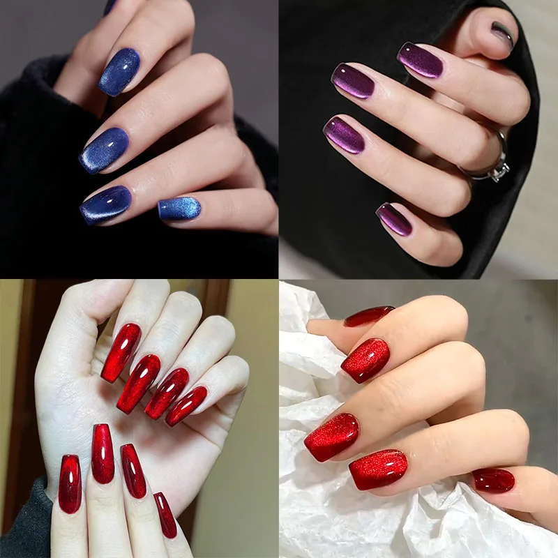 Blue Purple Red Sparkling Cat Eye Nail Art Fashion Solid Color Fake Nail Detachable Finished False Nails Press on Nail with Glue