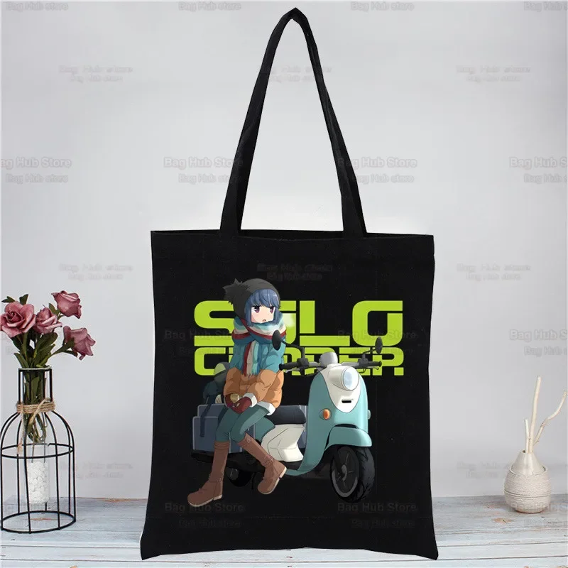 

Yuru Camp Canvas Tote Black Bags Harajuku Casual Tote Eco Shopper Anime Nadeshiko Shoulder Bags