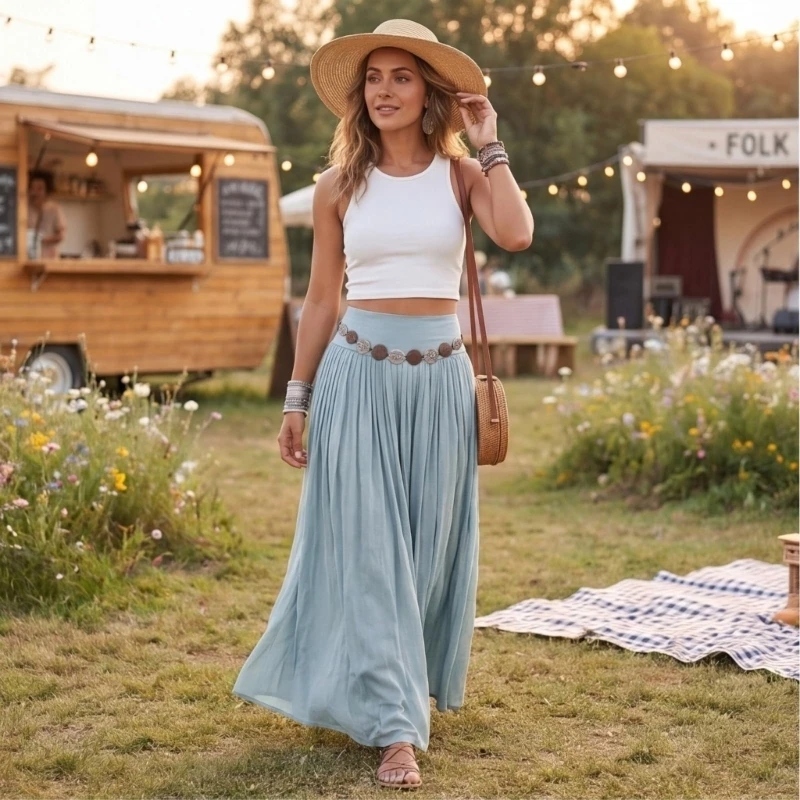 2026 New Linen Skirts for Women Maxi Pleated Skirt Maxi Long Flowy Skirt A-Line Skirts Travel Beach Resort Wear