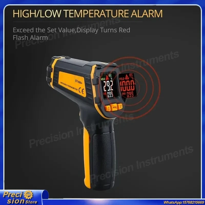 Digital Infrared Thermometer Non Contact Laser Temperature Gun Pyrometer with Color LCD Screen Hygrometer High Low Alarm Fast