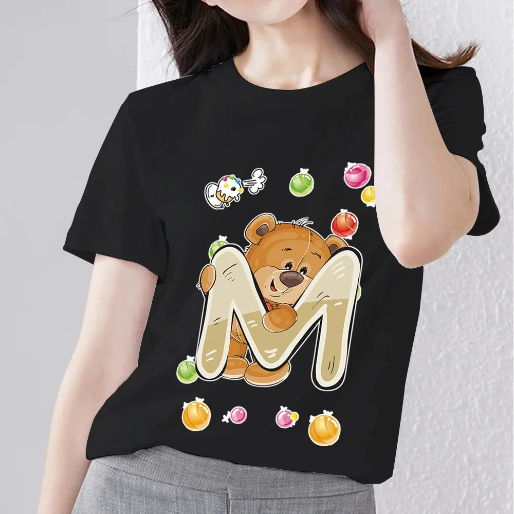 Cotton 100% Fashion English Letters Bear Print T-shirt Short-sleeved Women's Sales Oversized T Shirt  Tops