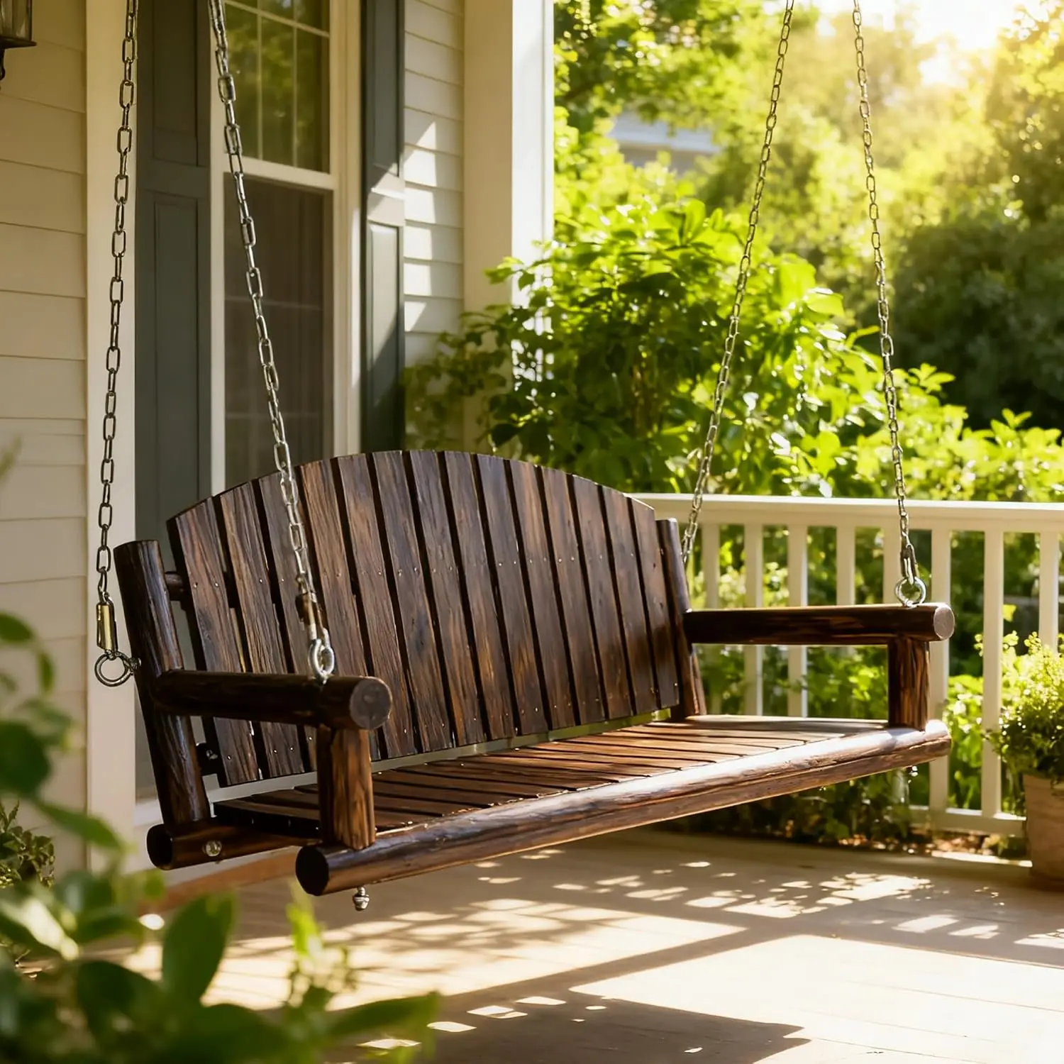 5FT Log Wooden Porch Swing 900LBS Heavy-Duty Outdoor Hanging Bench Patio Garden Solid Fir Wood Weather-Resistant, Customized