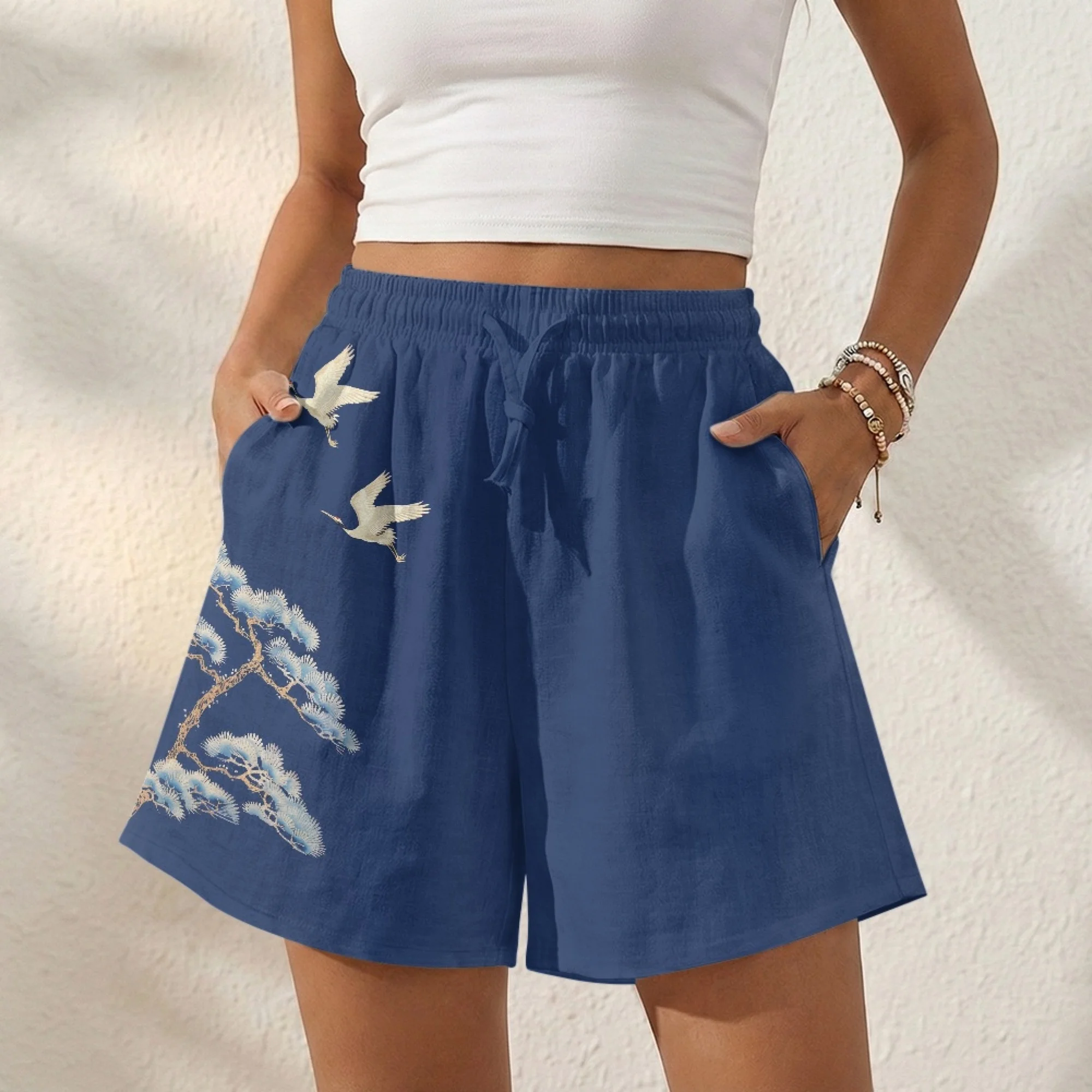 Women's Casual Linen Shorts Pine Crane Summer Shorts for Women Lightweight Linen Shorts Knot Front Pull On Vacation Pants S-2XL