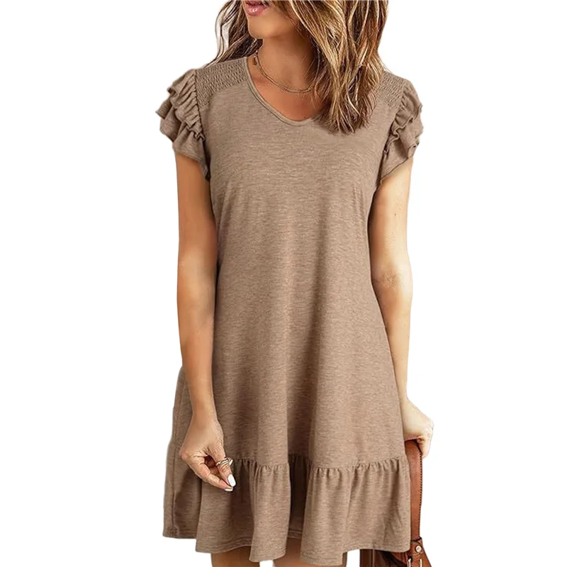 A83F-femmes robes d'été à volants manches courtes smocké col en V décontracté ample a-ligne balançoire Mini robe robe d'été