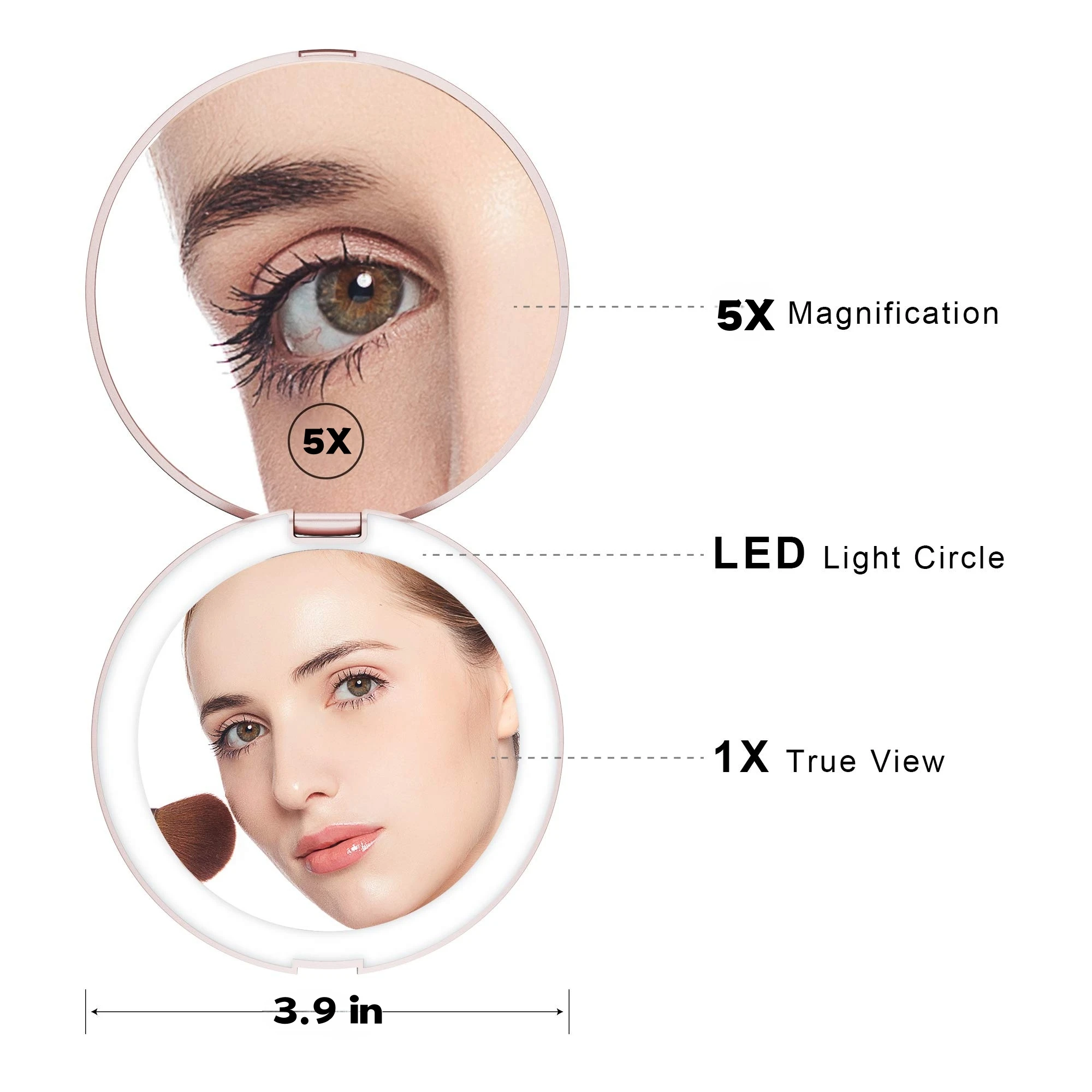مرآة مكياج للسفر مع ضوء LED، مرآة مكبرة 5 مرات، مرآة مكياج صغيرة لطيفة، حقيبة إضاءة ثلاثية الألوان على الوجهين، محمولة #6