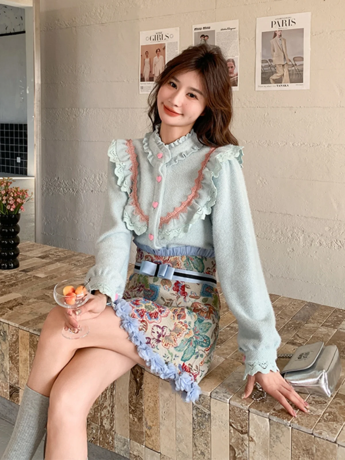 

Stylish High Waist A-Line Skirt Set for Women Beautiful Unique Knitted Open Cardigan Two Piece Set Spring Fashion