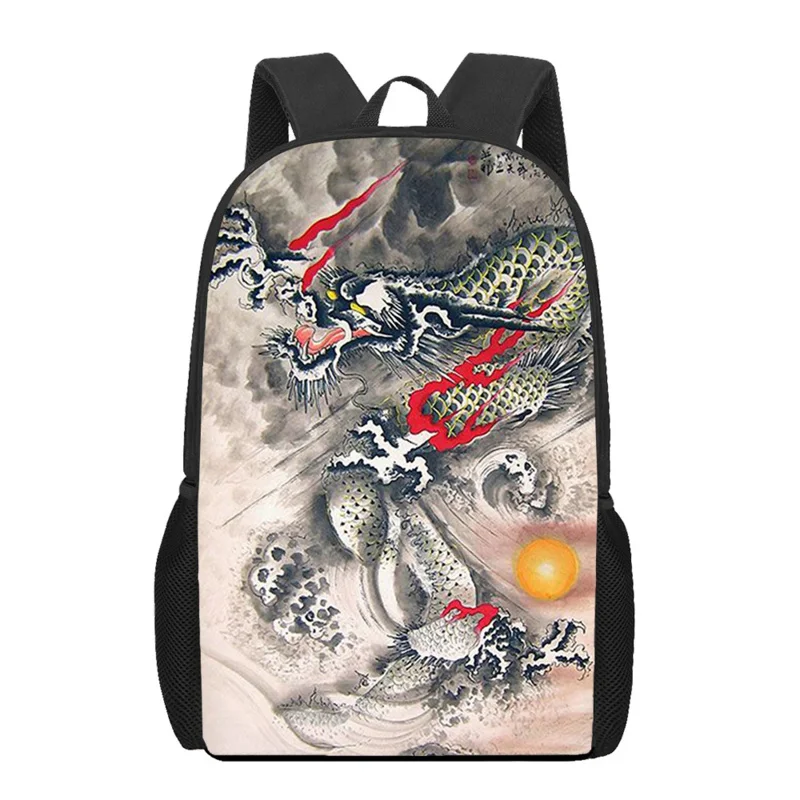 Estilo chinês dragão impresso mochila, saco para laptop, mochila viagem casual, apto para crianças, meninos, meninas, adolescentes, crianças