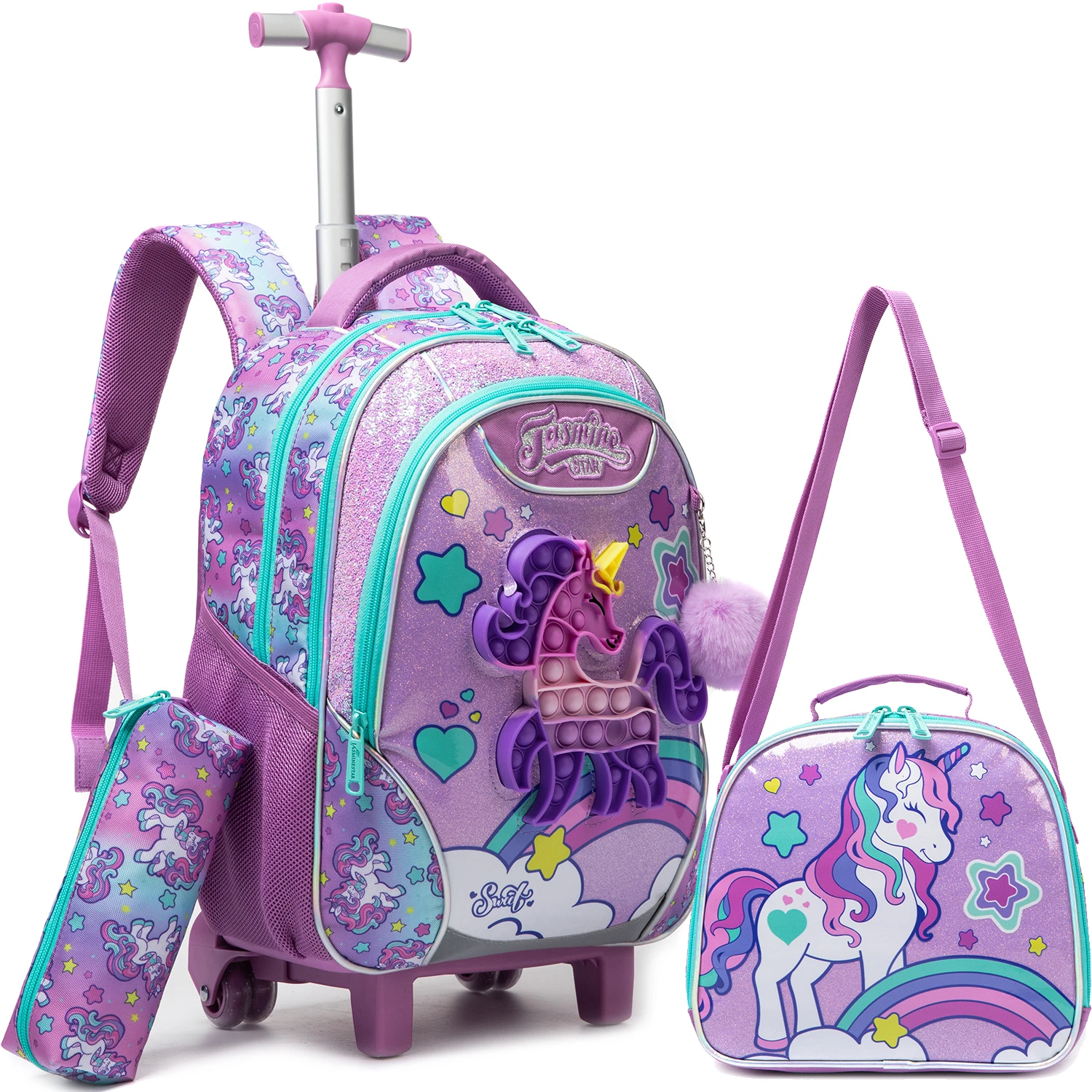 

Cute Rolling Backpack with Wheels for Girls 3pcs Roller backpack with Lunch Box Set for Elementary Student Teen kids