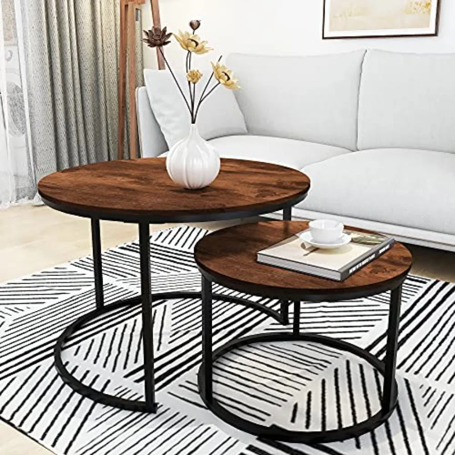 

Round Coffee Table Set of 2 Modern Nesting Side End Table for Living RoomRound Wooden Coffee Table with Solid Powder-Coated Met
