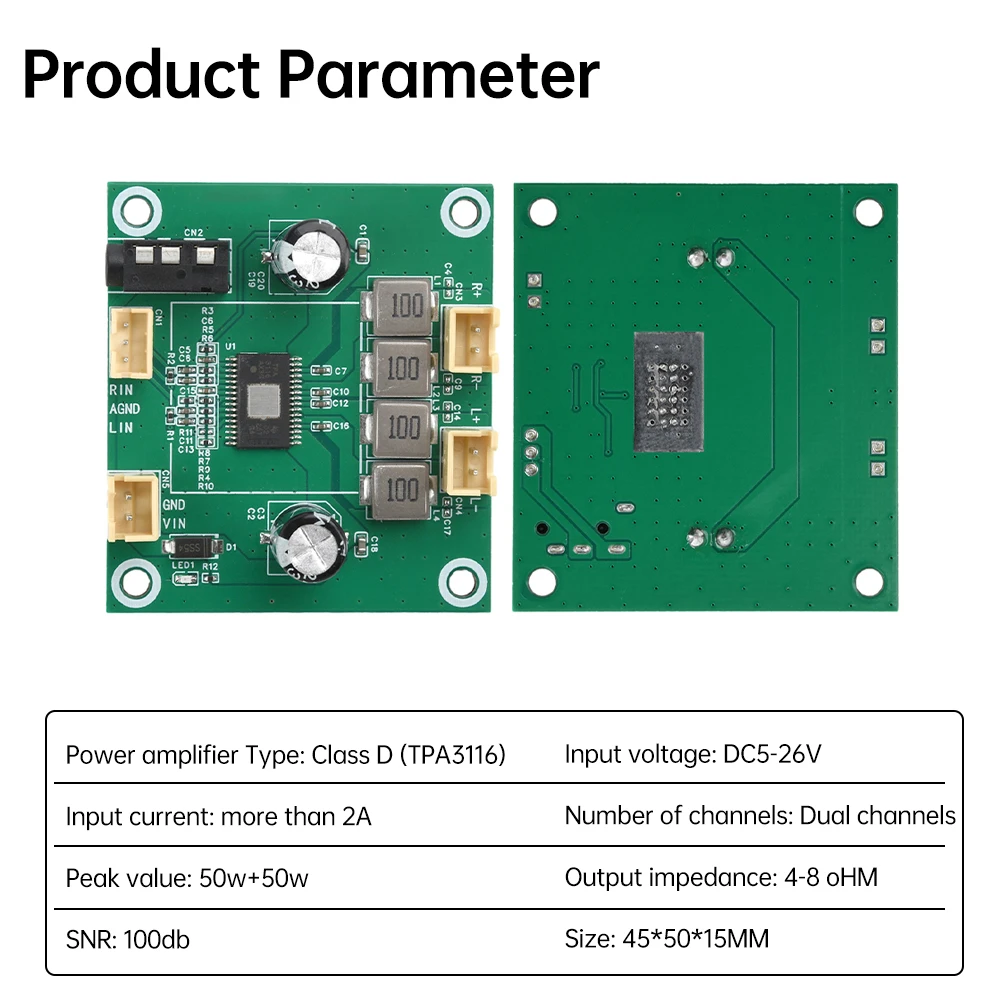 DC 5~26V TPA3116 클래스 D 디지털 증폭기 보드 2.0 듀얼 채널 스테레오 50W*2 오디오 증폭기 스피커 증폭기 모듈