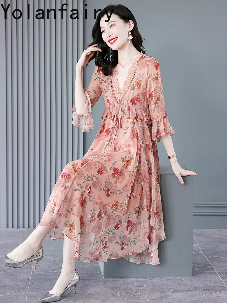 YOLANFAIRY 100% فستان حريري التوت الأصلي للنساء تقسم الدانتيل الخامس الرقبة فستان أنيق جودة عالية فساتين طويلة الأزهار امرأة