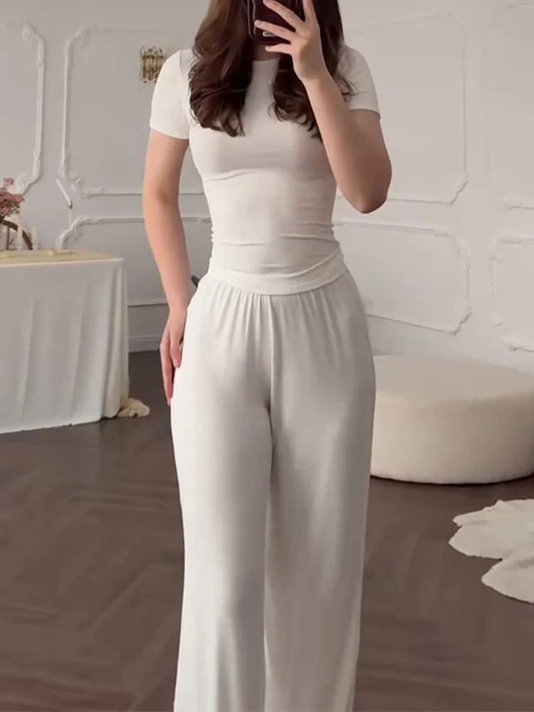 

Casual Long Pants Suits Women O-neck Short Sleeve T-shirt Elastic Waist Trousers Set Spring Summer Solid Lady Household Clothes