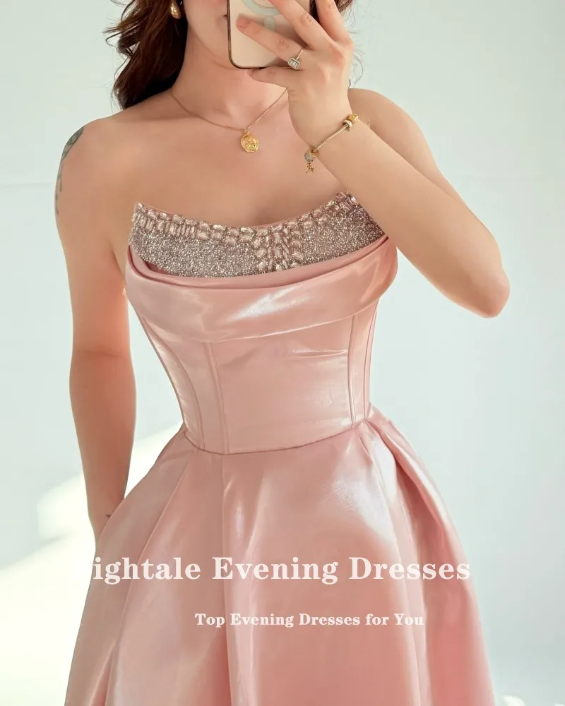 Eightale ピーチイブニングドレス ストラップレス ビーズ スパンコール カスタマイズ フロアレングス A ライン サテン プロム ウェディング パーティー ドレス