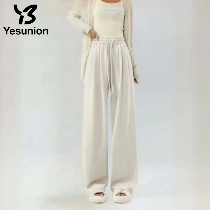 YESUNION رمادي بنطال ذو قصة أرجل واسعة الرباط المرأة عادية ربيع الخريف Sweatpants ملابس العمل واسعة الساق بنطلون رياضي Sweatpants