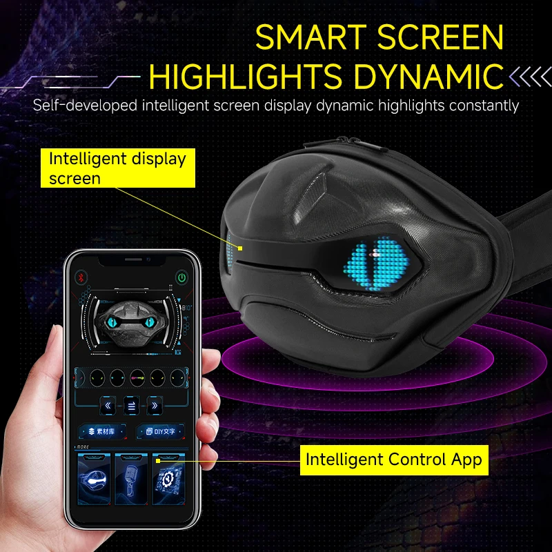 

Рюкзак для верховой езды, светодиодный рюкзак, мотоциклетная спортивная сумка, спортивная водонепроницаемая сумка через плечо, приложение, Bluetooth, светодиодный узор в виде глаз, светящийся