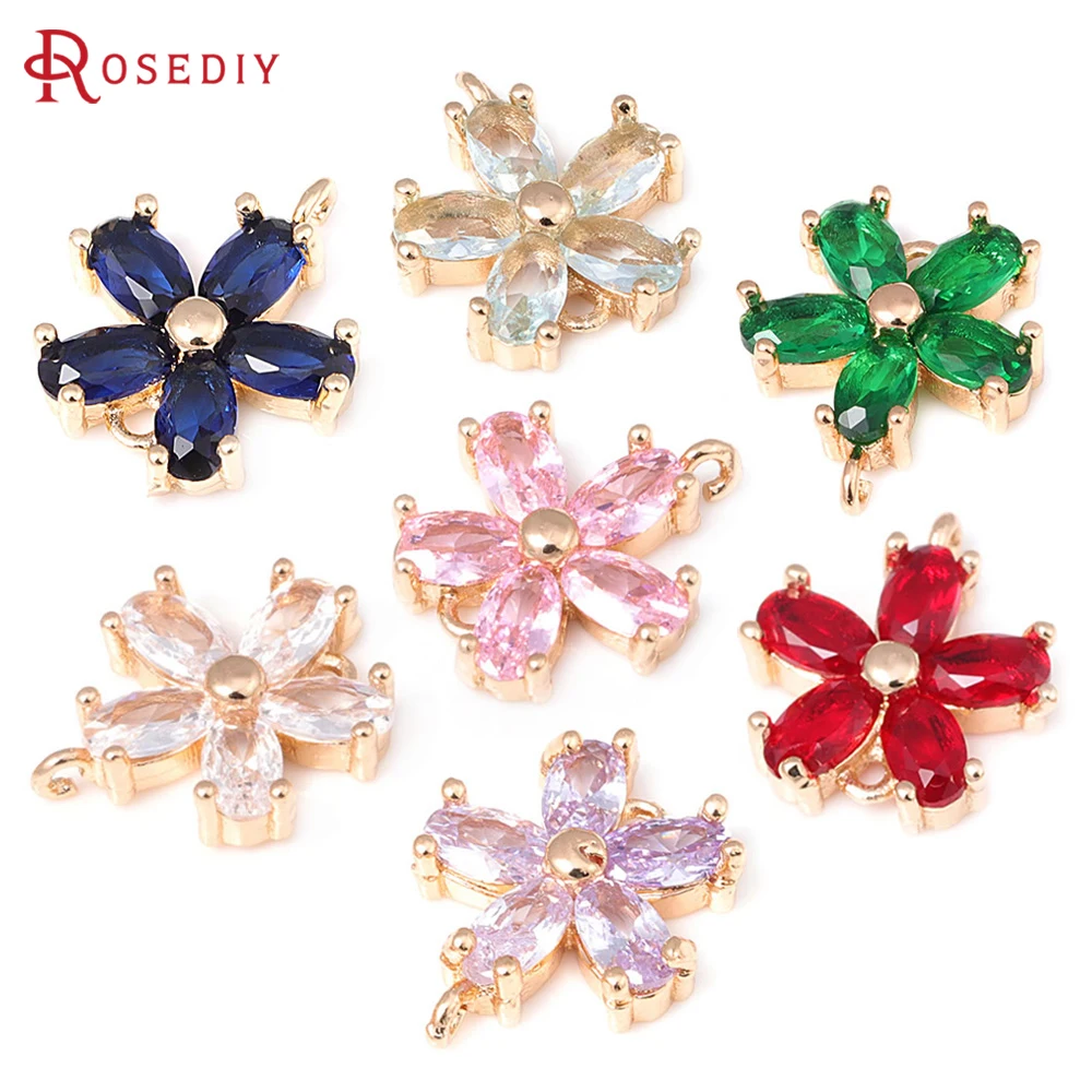 

6PCS 18K Gold Color Brass and Zircon 2 Holes Flower Connect Charms Pendants Diy Jewelry Making Earrings Accessories for Women