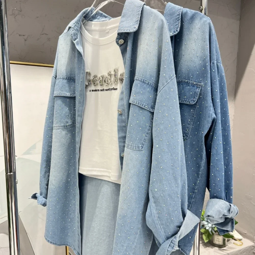 2023 Full Diamond Denim Shirt Women\'s European Goods Top Blouse Hot Light Blue Loose Spring And Summer Thin Coat Blusas De Mujer