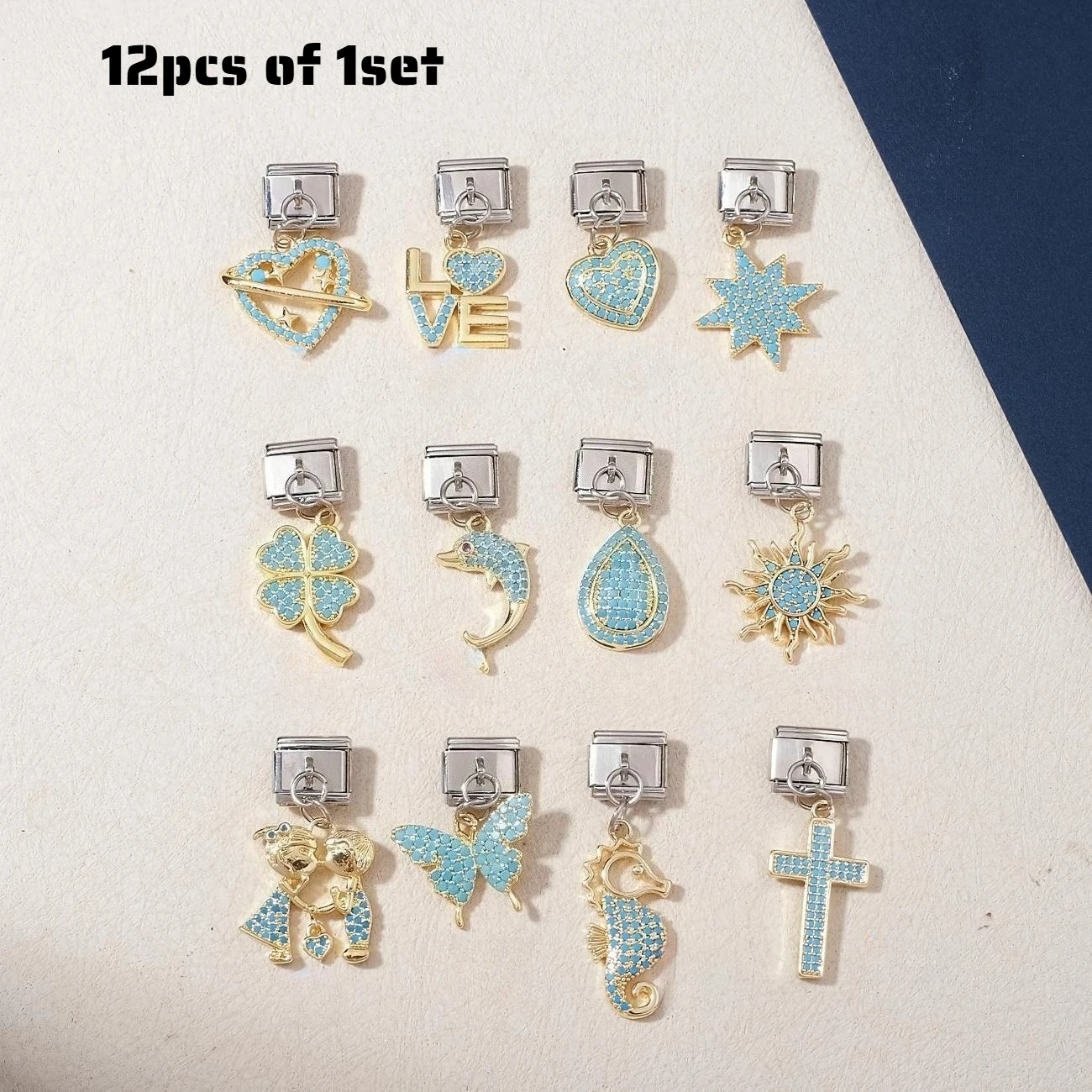 12Pcs Blue Rhinestone Heart Dolphin Cross Dangle Italian Charm Link Set 9mm Stainless Steel Module Bracelet DIY Accessories Bulk