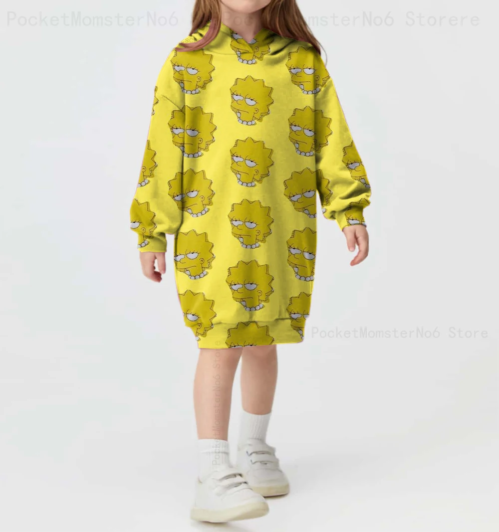 Children's Clothing Children's Autumn and Winter Mid-Length Sweater Girls Hoodie Dress Disney Simpsons Cute Pattern Print