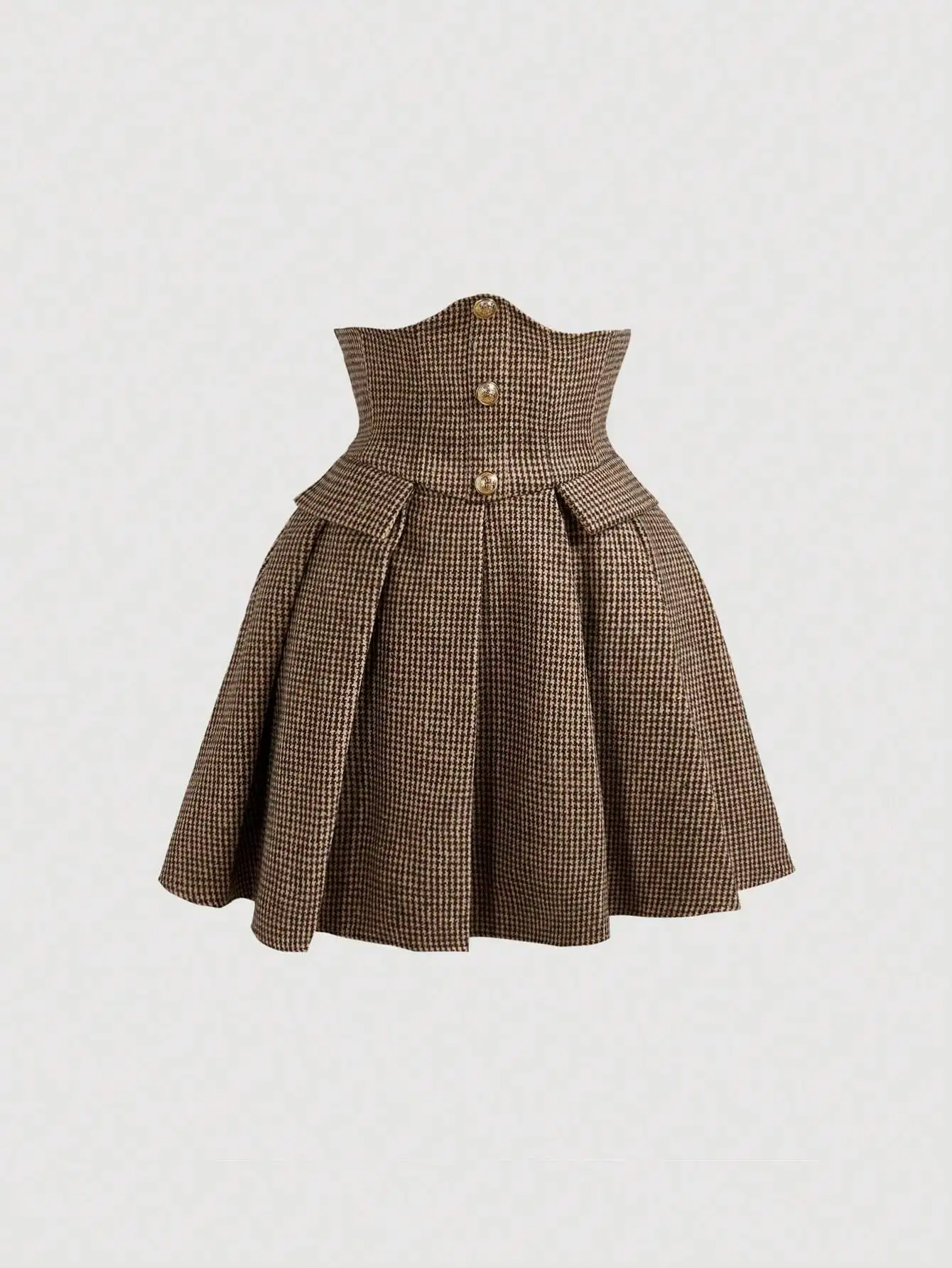 

Плиссированная юбка-мини с высокой талией, в клетку «гусиная лапка», с золотыми пуговицами, А-силуэт