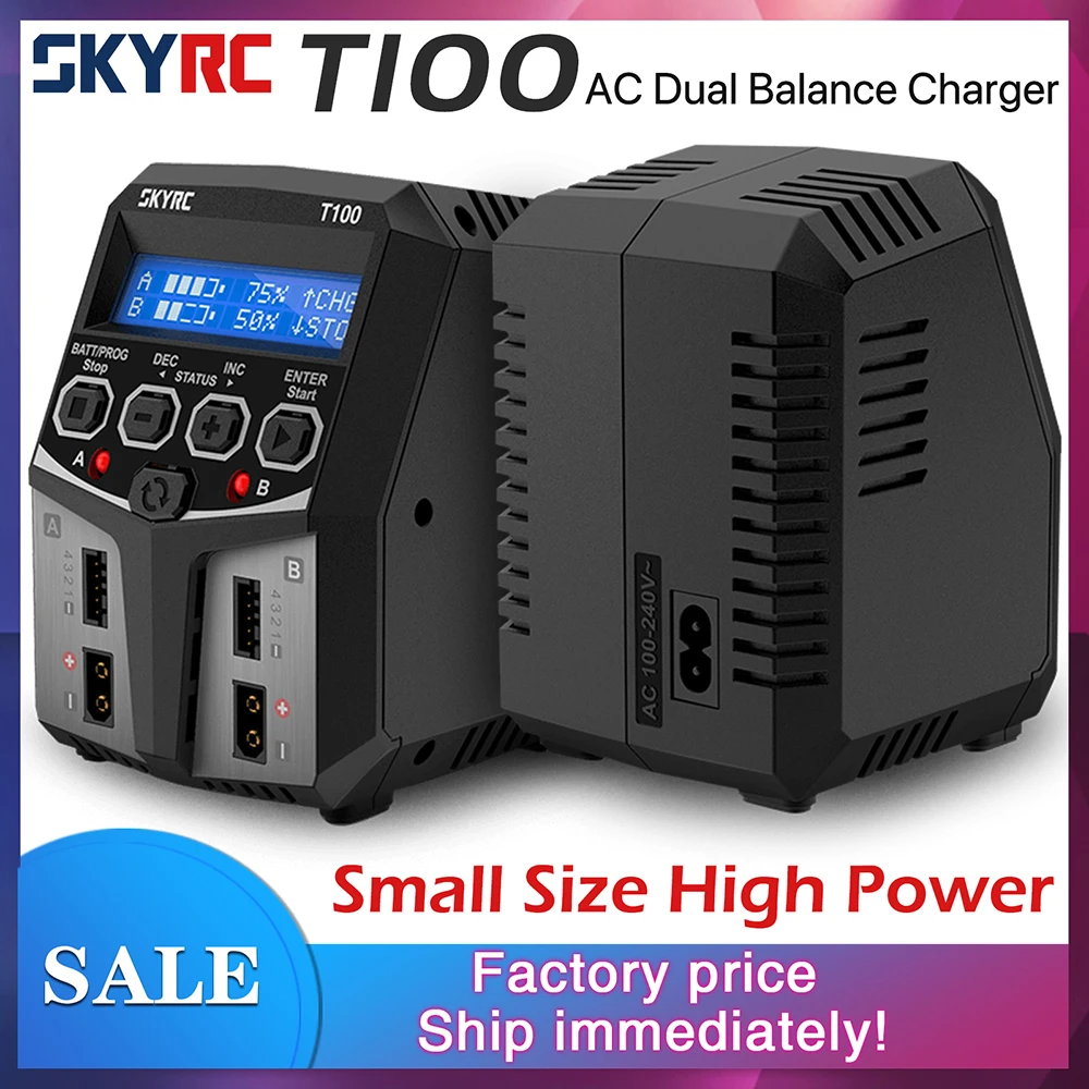 

Зарядное устройство SKYRC T100 AC для LiPo аккумуляторов, балансировочное, двойное 5А, 2x50Вт, 2-4S, для радиоуправляемых моделей