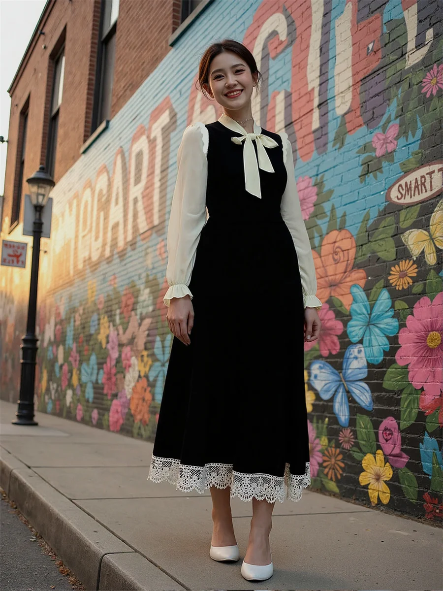 Vestido preto feminino manga longa ajuste regular estilo preppy outono primavera festa meados de bezerro floral boêmio em camadas painéis