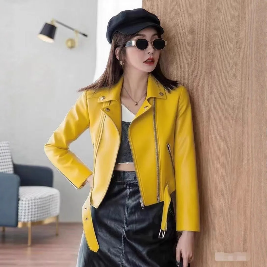 2025 New Women's Leather Jacket Spring Autumn Casual Slim Washed Zipper PU Leather Coat High End Locomotive Short Overcoat 5XL