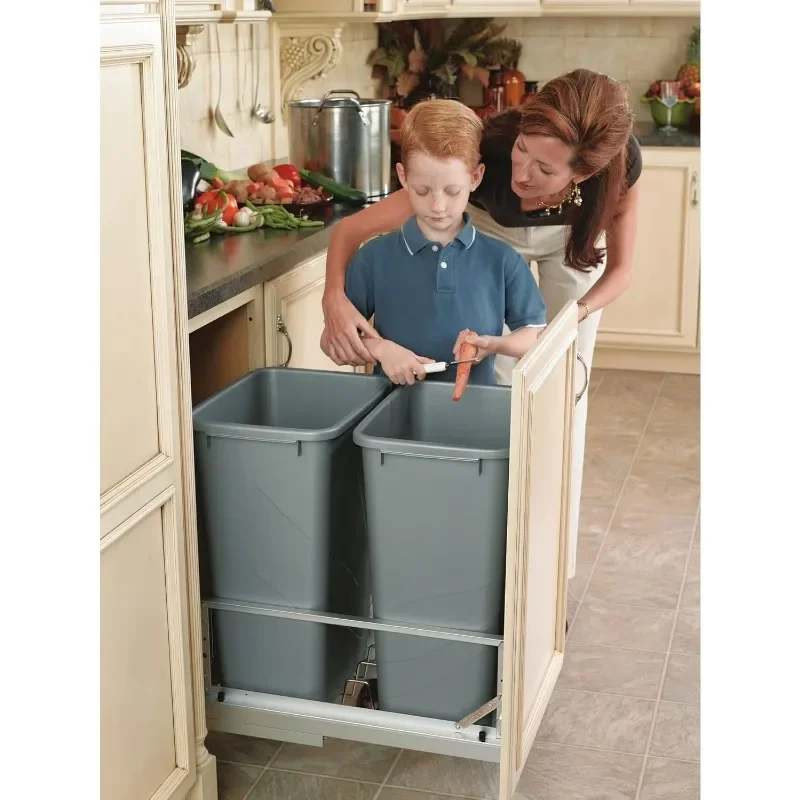 5349-2150DM-217 Double 50-Quart Kitchen Cabinet Pull Out Waste Container Storage with 2 Trash Cans and Wire Basket