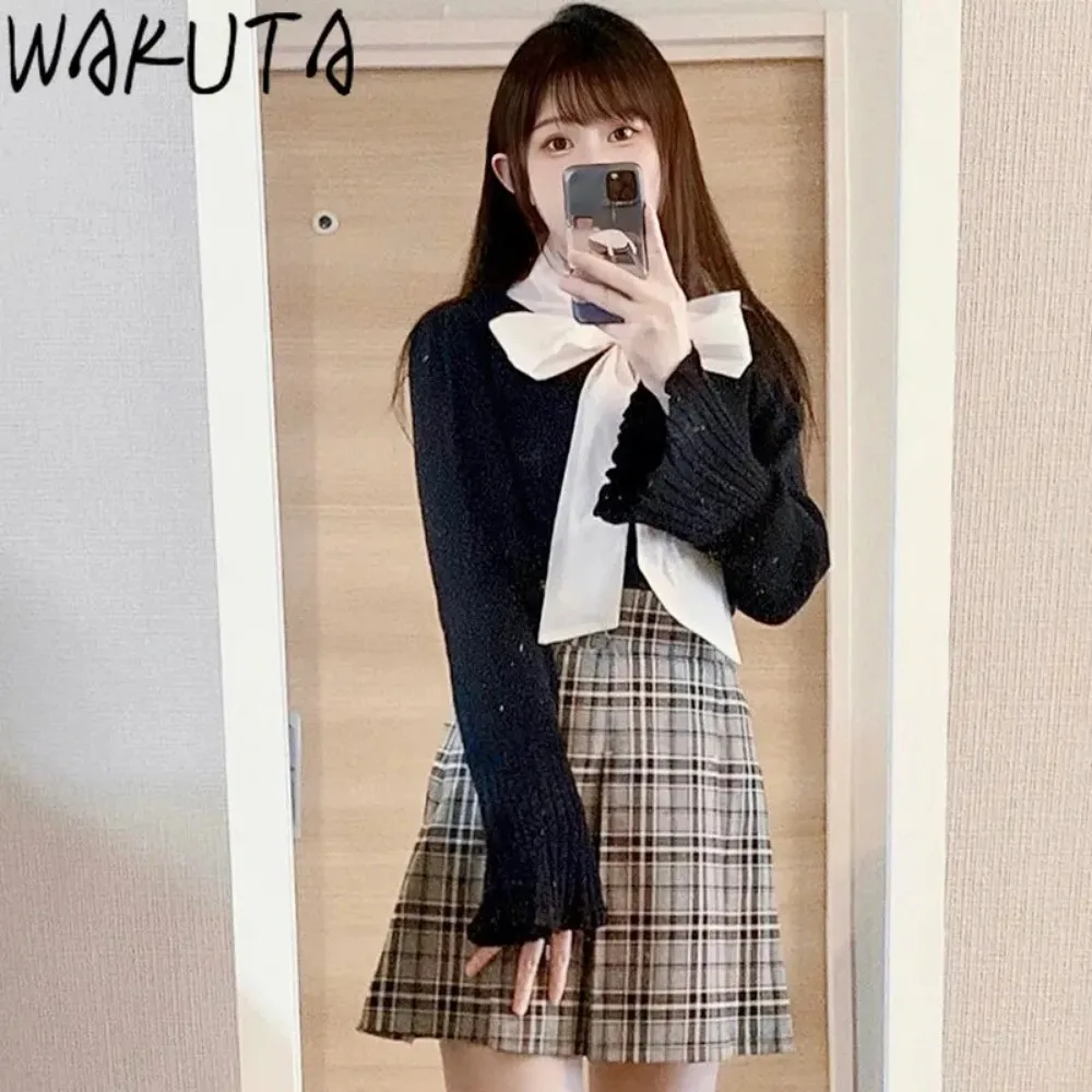 Wakuta-Suéteres de manga puff com gola, monocromáticos, patchwork, slim fit, sweet jumper, malha japonesa, pulôveres casuais elegantes