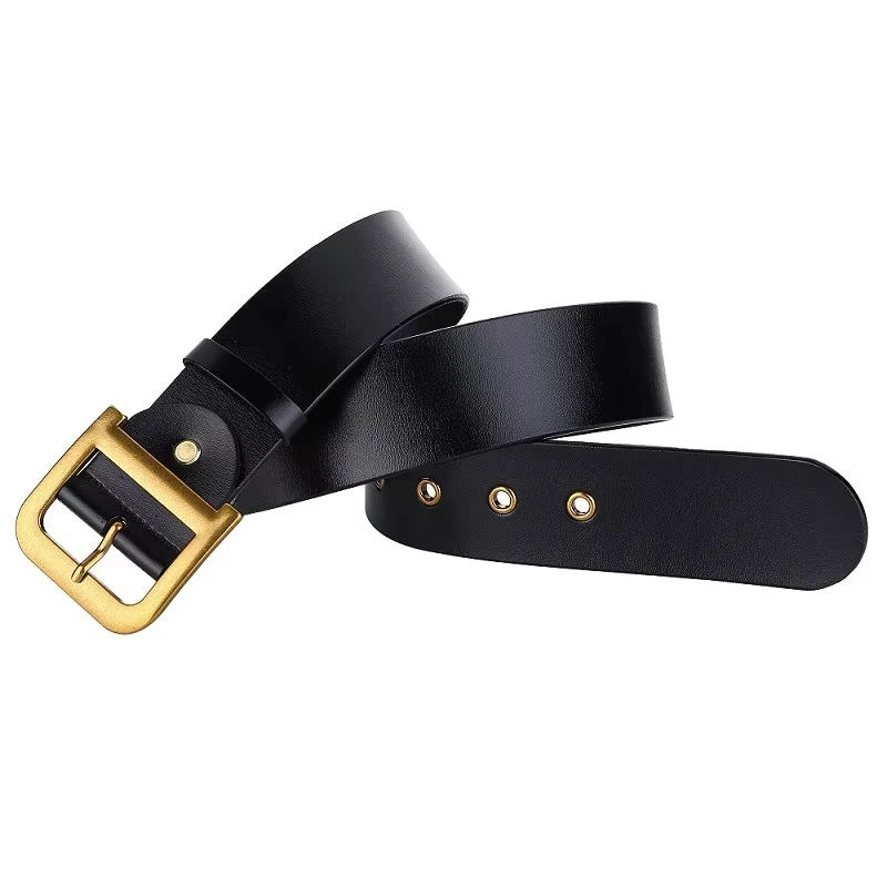 

Women's square gold buckle black genuine leather belt with hollowed out fashion trend perforated buckle belt