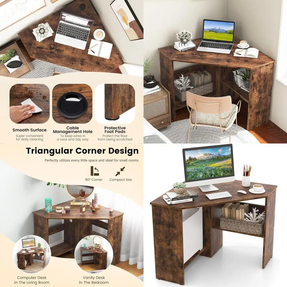 

Rustic Brown Triangular Desk with Storage and Cable Management for Small Spaces