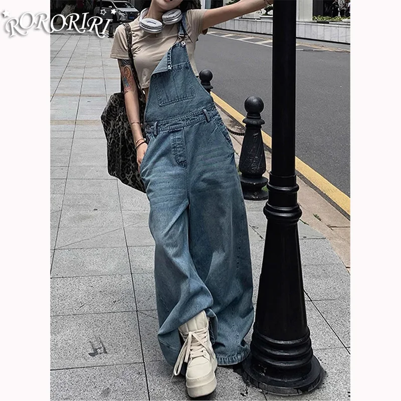 

RORORIRI Denim Overalls for Women New Metal Buckle Versatile Wide Leg Floor Trousers Loose Jumpsuits Wide Leg Korean Style