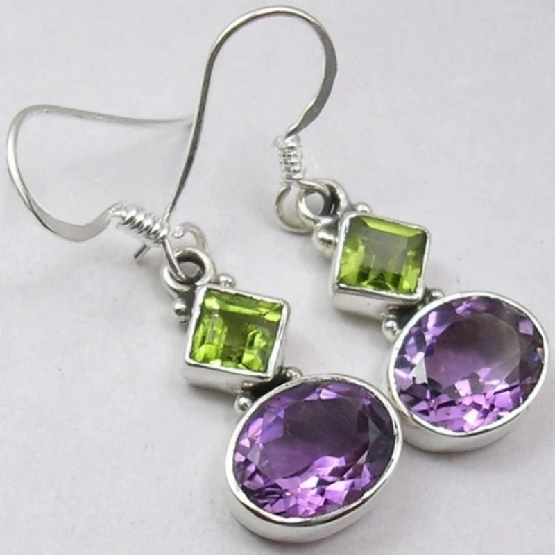 Vintage geometrische eingelegte grüne lila synthetische Zirkon baumelnde Ohrringe für Frauen böhmischen Stil Bankett Schmuck Accessoires Geschenk