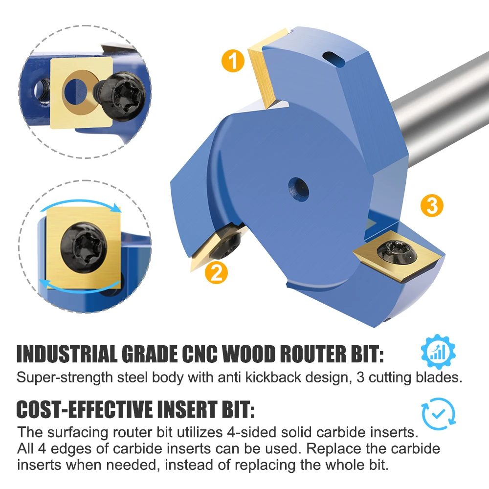 XCAN Milling Cutter for Wood 1/2 Shank Face Mill Insert Carbide Slab Spoilboard CNC Surfacing Router Bit 3 Flute Wood Planer Bit