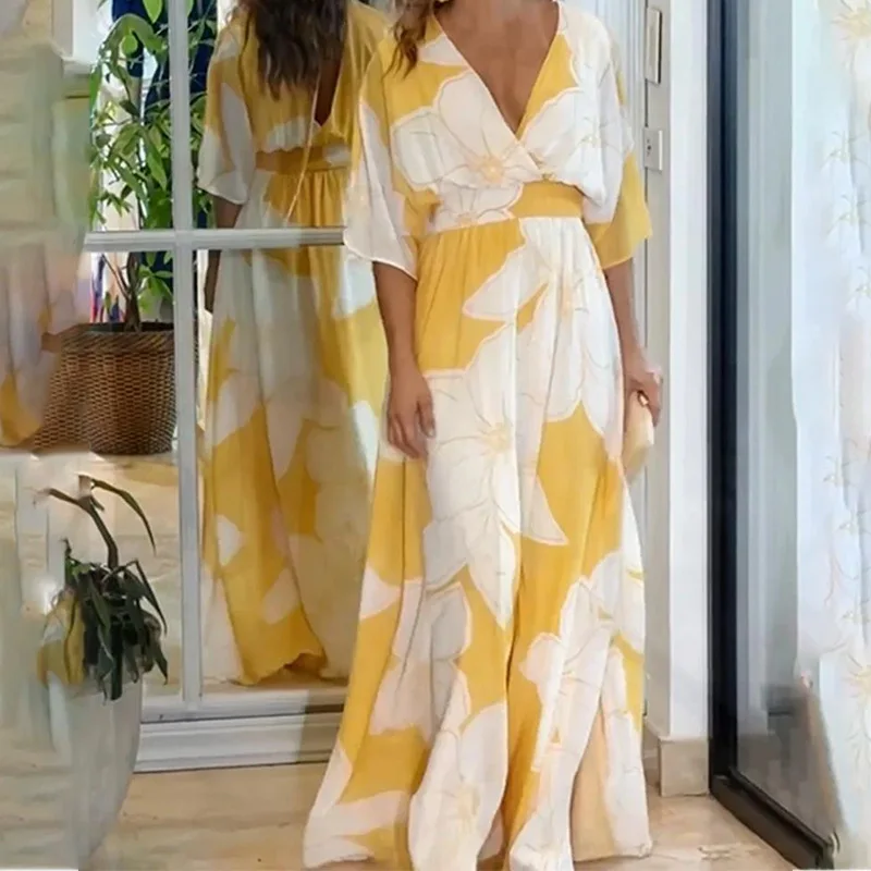 BAMBOOBOY Sexy Hollow Out Back Long Dress Summer Women Print Floor Length Half Sleeve V-Neck High Waist Yellow Maxi Dresses