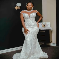 Customized O-Neck Cap Sleeves Trumpet Wedding Gowns for Bride Shinny Pearls Beads Arabic Aso Ebi Garden Country Bridal Gown
