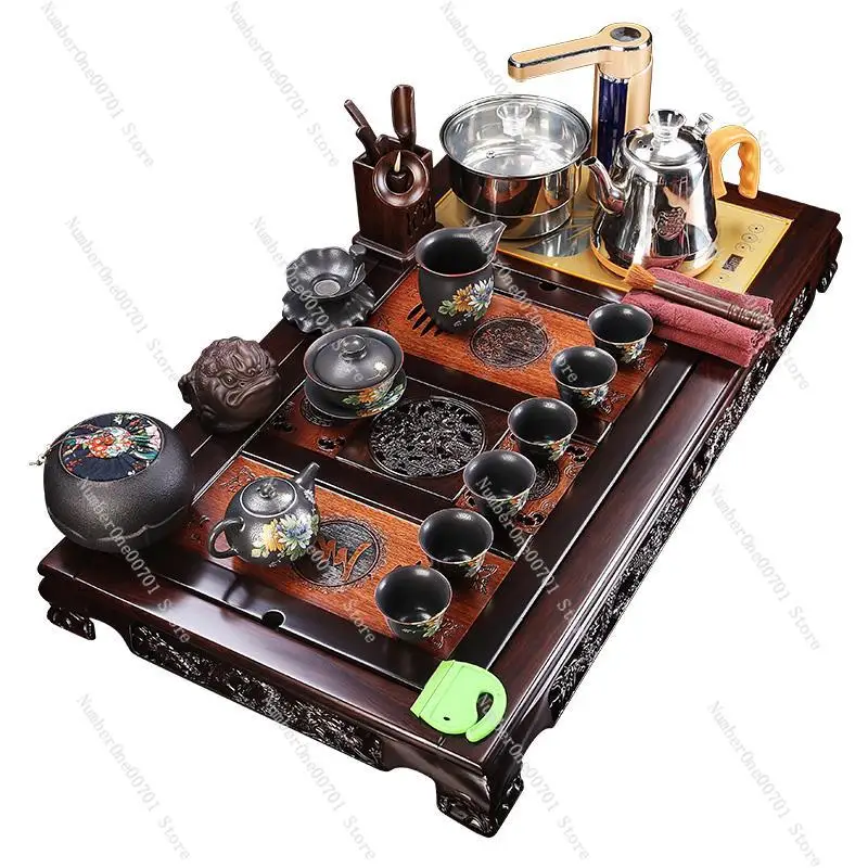 Purple sand tea set, black sandalwood solid wood  tray, complete set of rosewood tea table, Kung Fu tea ceremony