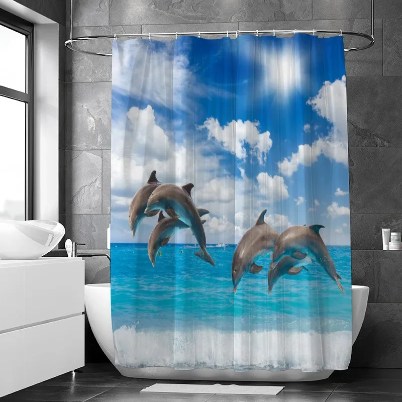 Marine Life Animal Shower Curtains Dolphin Starfish Sea Turtle Bird Beach Ocean Nature Landscape Wall Hanging Bathroom Decor Set