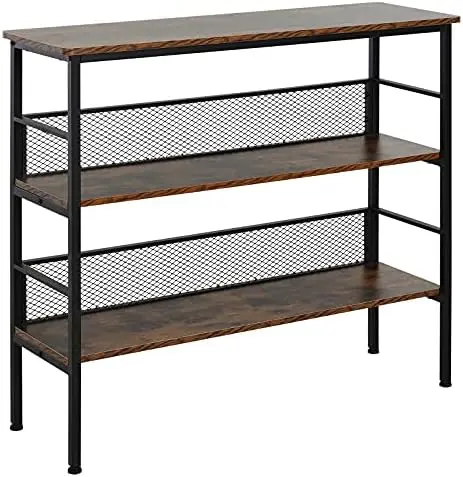 

3-Tier Console Table Industrial Style Metal Wooden with Robust Multi-Functional Design & Adjustable Feet, Black