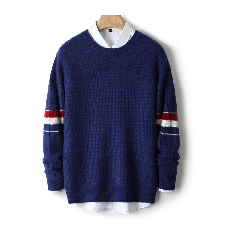 100% pure wool men's O-neck color matching thick sweater loose Han Chao autumn and winter new bottoming cashmere sweater