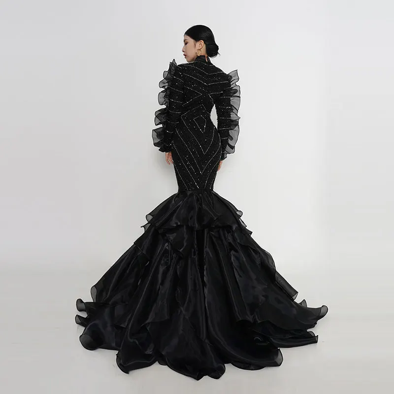 Baisha Gala Dress For Women New Custom Black Evening Dress Luxury Performance Costumes Heavy Beaded Pleated Cake Skirts H1305