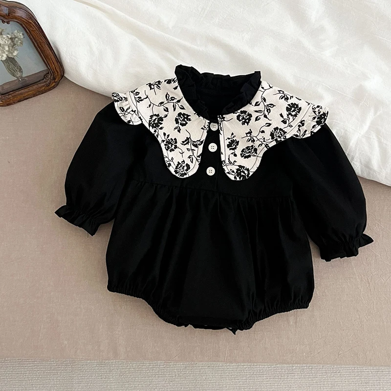 2026 جديد 0-24 متر ربيع الرضع الرجعية ارتداءها الوليد رومبير التطريز طوق رومبير القطن طويل الأكمام طفلة بذلة