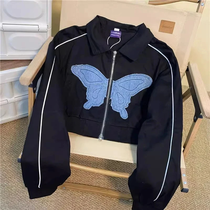 Women Butterfly Patch Jacket Lapel Collar Zip Up Cropped Coat White Denim Patch Oversized Drop Shoulder Y2K Streetwear Outerwear
