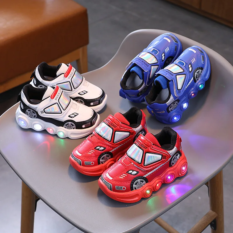 Autumn LED Light Shoes for Baby Boys Cartoon Car Children\'s Sports Shoes Wear Resistant Anti Slip Fashion Girls Sneakers