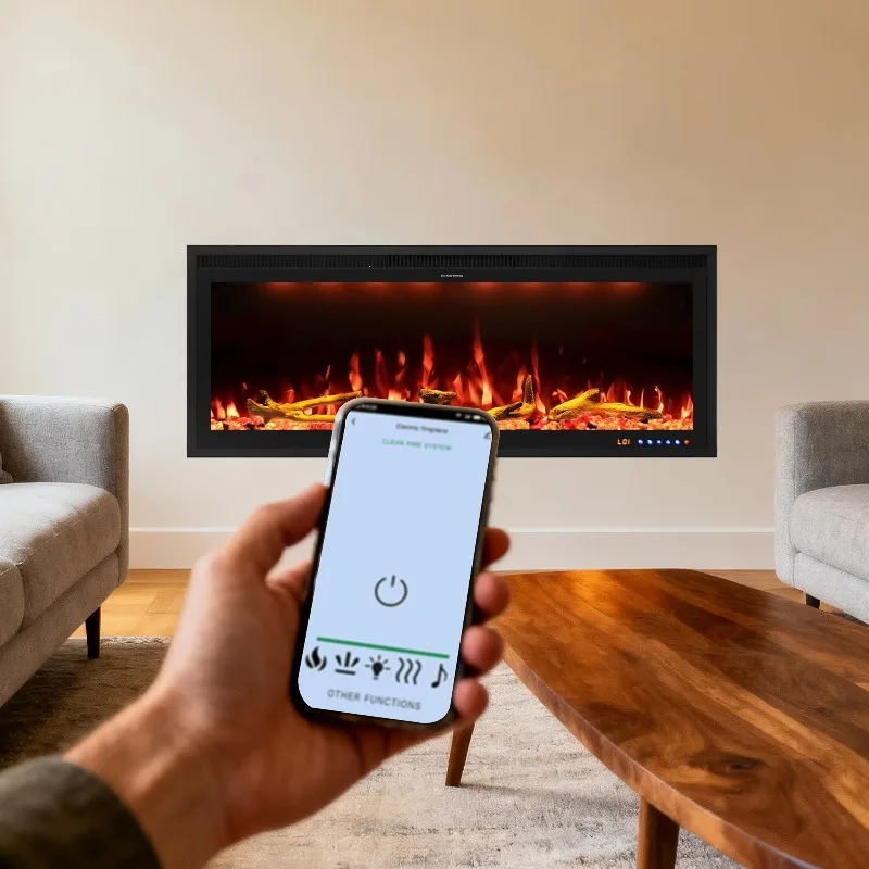 48 Inch App-Controlled Electric Fireplace Built-In Wall-Mounted LED Heater Overheat Protection Smart Alexa CE ETL Household